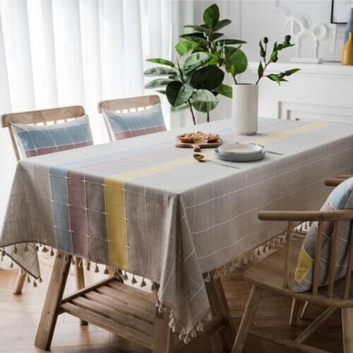 Nordic Waterproof Plaid Striped Table Flag Imitation Cotton and Tassel Tablecloth Rectangular Table Coffee Table Tablecloth