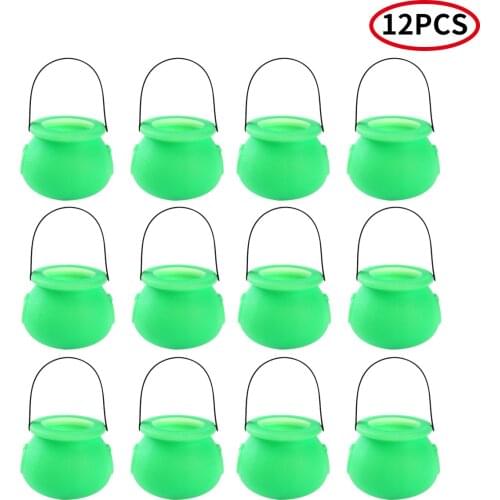 12 Plastic Mini Candy Kettle Halloween Fancy Decor Toy Novelty St. Patricks Day Sweets Holder Container with Handle Party Favors