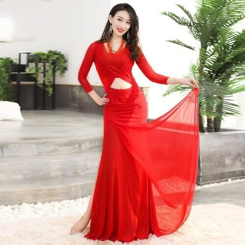 New style belly dance dress sequin slit long skirt long sleeve exercise clothes female adult professional performance clothes
