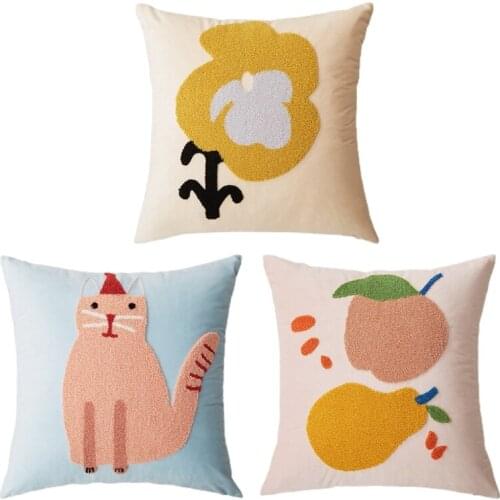 Woven Tufted Throw Pillow Case Boho Cute Multicolor Cartoon Flower Cat Fruit Pattern Decorative Square Cushion Cover