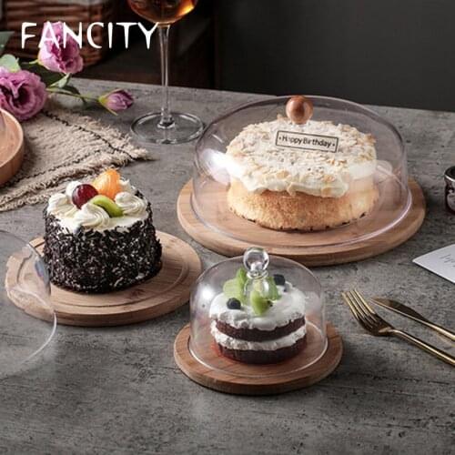 FANCITY Cake tray with plastic cover, bread mousse, photo display, tasting plate with lid, dessert desserts, lovely wooden
