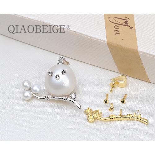 QIAOBEIGE Diy accessories s925 silver Cute Bird Shaped pendant With Baroque Pearl for Jewelry findings components Swan animal
