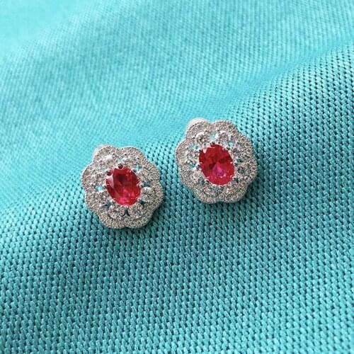 New Style 925 Sterling Silver Oval Flower Ruby Earrings, Exquisite Jewelry Gifts For Women