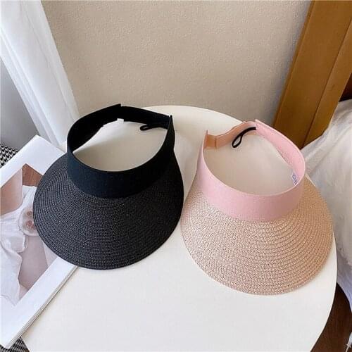 Magic Tape Panama Women Straw Hat New Summer Empty Top Fitted Hat Protection Outdoor Sports Fishing Beach Pink Cowboy Bonnets