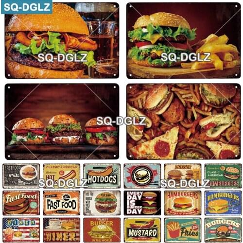 [SQ-DGLZ] BURGERS Metal Sign Bar Wall Decoration Tin Sign Vintage Metal Sign Painting Mustard Plaques Art Diner Poster