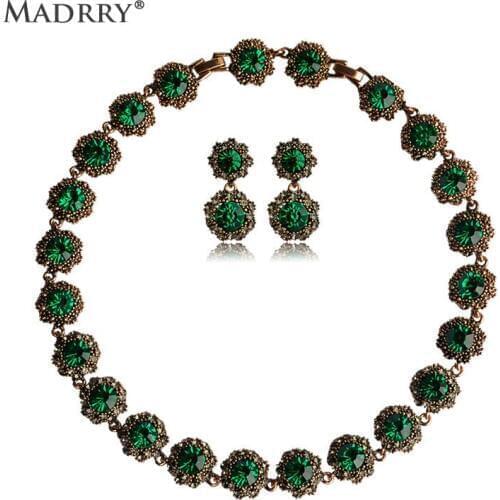 Vintage Luxurious Necklaces Earrings Jewelry Sets Exquisite Rhinestone Antique Gold Color Crystal Noble Jewelry for Women Dress