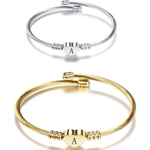 High Quality Fashion Heart Charm Bangle With Initial Alphabet Letter Engrave Women Jewelry Cuff Bangles Gift