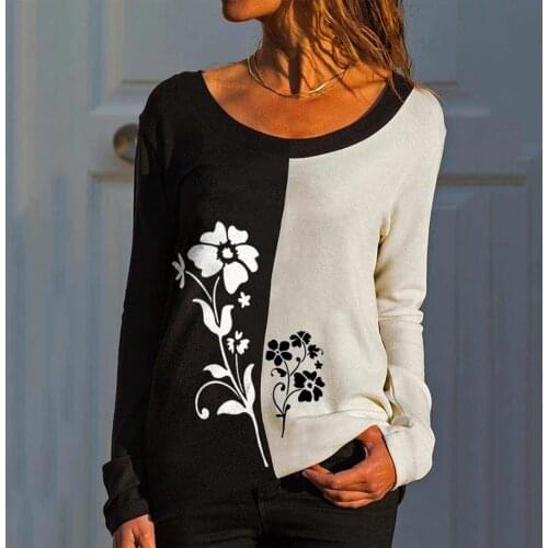 2021 Autumn T-shirts Women Fashion V-neck Large Size Female Tees Ladies Floral Print Black Casual Tee Shirt Beige Top