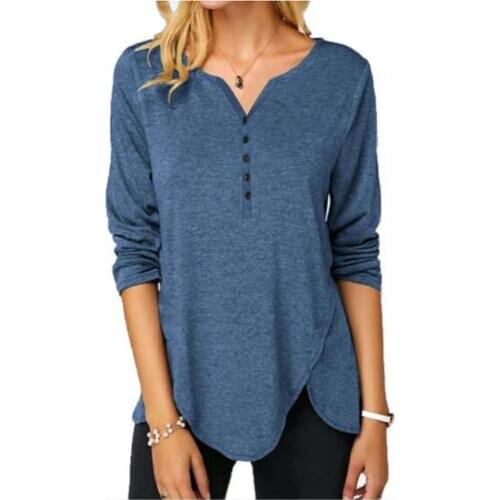 2021 Spring Tops Women V Neck Long Sleeve Button Solid Color Tunic T Shirt Casual Loose Plus Size Cotton Irregular Pullover Tops