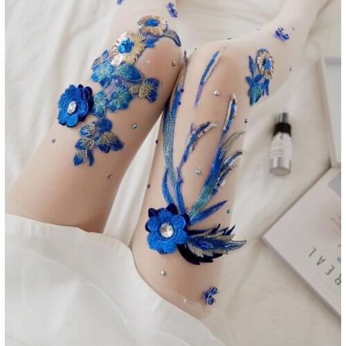 Hand-embroidered Flower Style Cherry Blue Enchantress Pattern Anti-hook Silk Mask Socks Stockings Panty Socks Women Long Socks