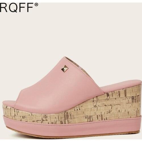 Outside Slippers Women 2021 Summer New Fashion Platform 8cm Wedges Heels Adult Mules Plus Size 42 43 Handmade Pink White Shoes