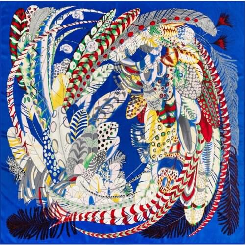 130cm Woman Scarf Shawl 100% Twill Silk Scarf Square Scarf Indian FeatherPrint Neckerchief Bandana Headband Hijab Scarves & Wrap