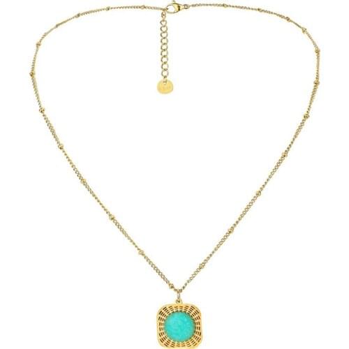 2021 New Temperament Blue Natural Stone Collar Necklaces For Women Stainless Steel Beads Chain Square Pendant Necklace Jewelry