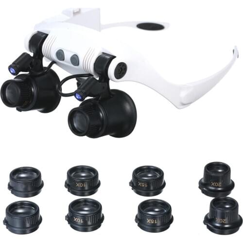 10X 15X 20X 25X Headband Magnifier Adjustable Eyeglass Magnifying Glass Tool with LED Light and 8 Lens for Jewel Tool Repair