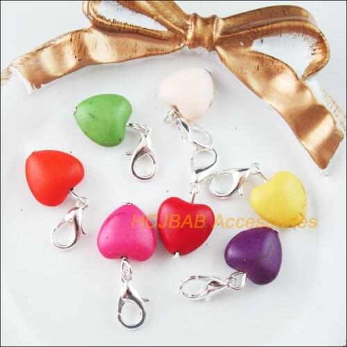 14Pcs Mixed Stone Heart Beads Charms Silver Plated With Clasps 12mm