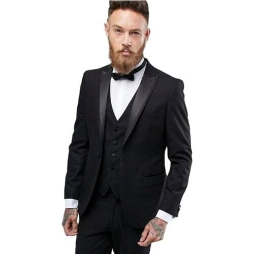 3 Piece Peak Lapel Groom Tuxedos Black Men Business Suit Cocktail Dress Party Clothes (Jacket+Pants+Vest+Tie) W:310