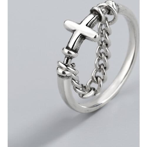 925 Sterling Silver New Design Cross Thai Silver Ring With Silver Chain Vintage Punk Open Ring Jewelry S-R636