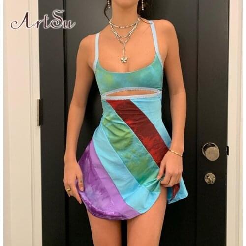 ArtSu Sleeveless Strap Mini Dress Women Hollow Out Patchwork Y2K Fashion Party Sundress Backless Short Dresses Summer DR52503