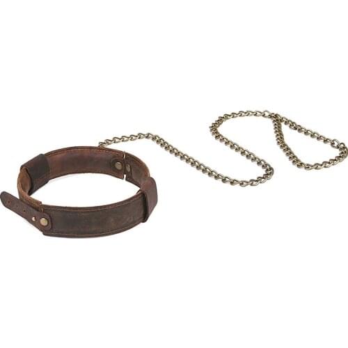 BDSM Cowhide Neck Collar Leash Neck Bondage Restraint With Steel Chain Adult Slave Costume Game SM Sex Toy For Couple Women Men
