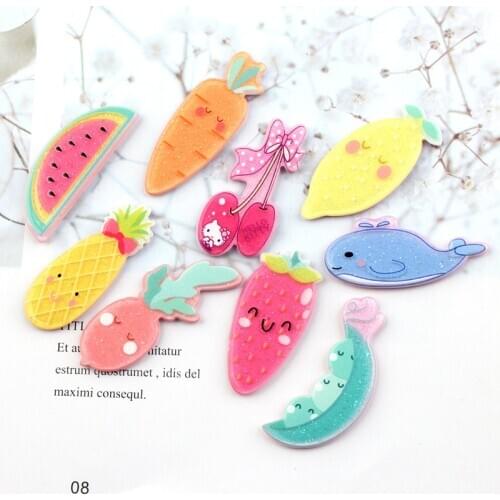 Free Shipping 10pcs Colorful Fruit Acrylic Planar Resin Cabochons Flatback Ornament Cameo Watermelon Carrot Cherry Whale16*33mm