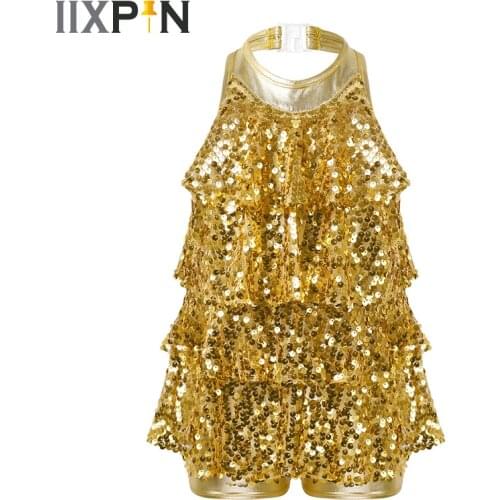 Kids Girls Halter Shiny Sequins Jazz Ballet Dance Shorty Unitard Dress Modern Jazz Latin Dancing Costumes Sequins Rave Outfits