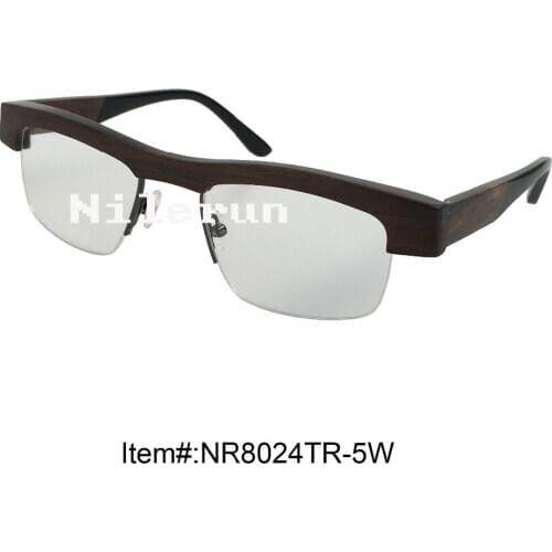 High quality metal ebony wood half frame eyeglasses with acetate temple