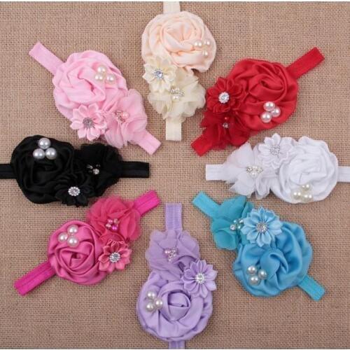Fashion Rhinestone Ribbon Pearl Headwear Girls Hairbands Baby Kid Sewing Flowers Headband Kids Children Hair Accessories YH399