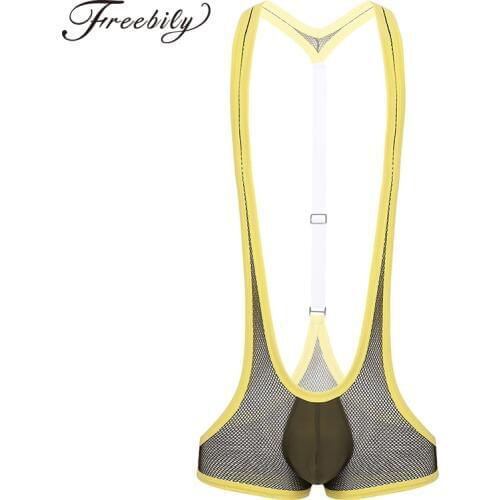 Mens Fishnet Undershirt Underwear Sexy Wrestling Suit Men Bodysuit Mankini Gay Jockstrap Thong Swimsuit Transparent Bulge Pouch