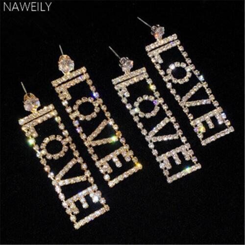 NAWEILY Hyperbolic Letter Long Earrings Super Shiny Rhinestone Stone Earring New Fashion Womens Jewelry Love Drop Earring