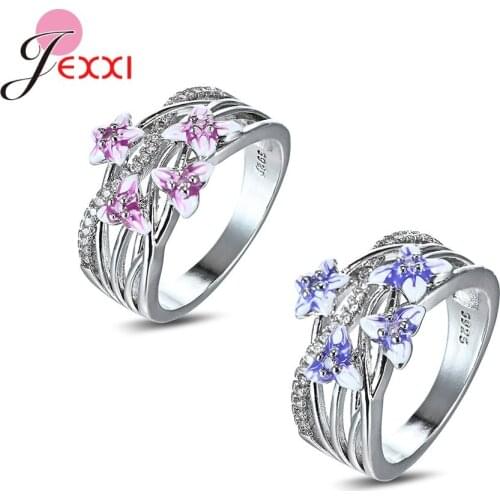 Delicate 925 Sterling Silver Zircon Wedding Engagement Rings for Women Elegant Beautiful Violet Flowers Enamel Finger Ring