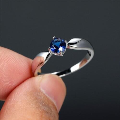 Luxury Crystal Round Thin Wedding Ring Fashion Female Blue Zircon White Stone Ring Charm Silver Color Engagement Rings For Women