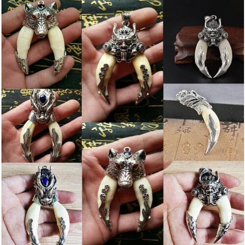 Handcrafted Necklace Wolfs Tooth Fangs Pendant Teeth Bone Vintage Tibetan Amulet Antiques Figurines Hip Hop Choker Pendants