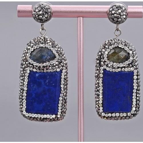 Natural Rectangle Blue Lapis Labradorite Black Macarsite Dangle Earrings