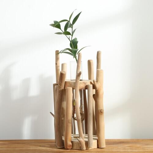1 set Glass Vase Tube Shape Clear Flower Bottle with Wooden Shelf Stand Glass Floral Hydroponic Container Flower DIY Home Decor