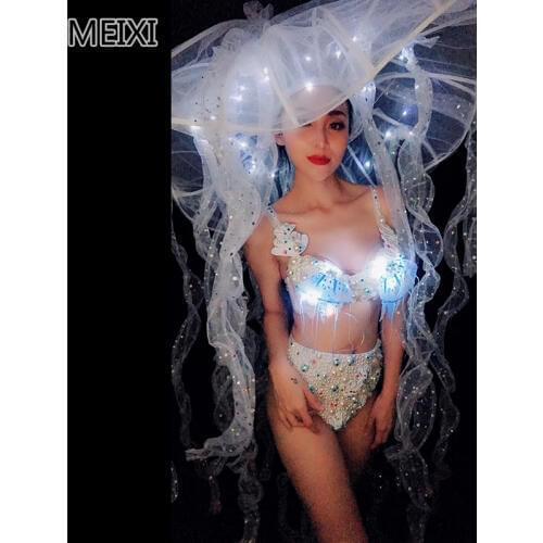 Super heavy weight LED sea jellyfish pearl bikini suit nightclub concert singer dancer costume
