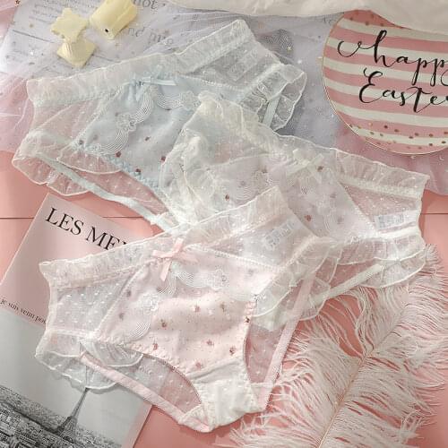 Sweet Cute Underwear Women Comfortable Pink Blue Lace Thong Panties Seamless Lingerie Femme Lolita Girl Plus Size Panty Mid-rise