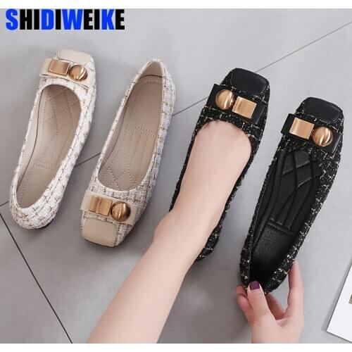 Square Toe Flats Shoes Women Slip On Loafers Comfortable Ballet Women Flat Shoes Metal Button Shoe Size 35-43 Zapatillas Mujer