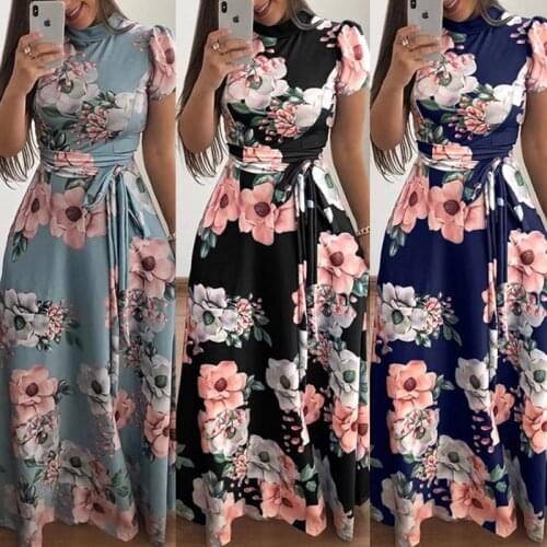 Oversize 2021 European and American summer womens swing dress Boho floral print dress fashion belt tunic Boho long night party