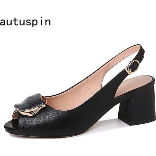 Autuspin Black Peep Toe Slingbacks Shoes for Women Summer Autumn Genuine Leather High Heels Pumps Female Party Prom Shoes Woman
