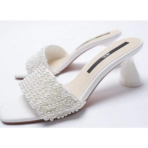 ZAR 2021 Summer New Black Fashion Square Toe High Heels Beaded Sexy Outer Wear Stiletto Muller Sandals And Slippers Women Luxury