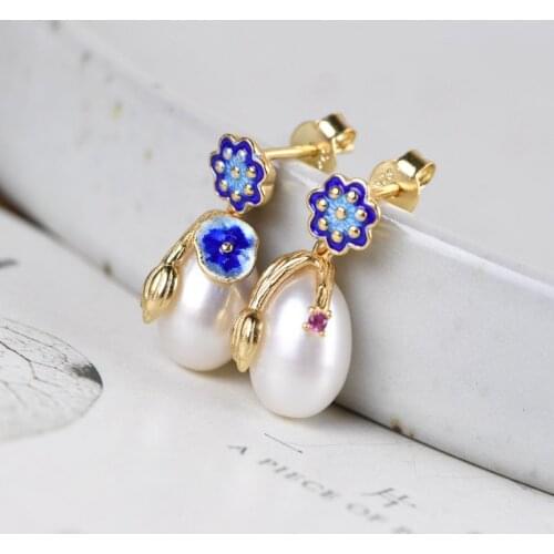 FNJ Cloisonne Lotus Earrings 925 Silver Original Pure S925 Sterling Silver Stud Earring Women Jewelry Freshwater Pearl