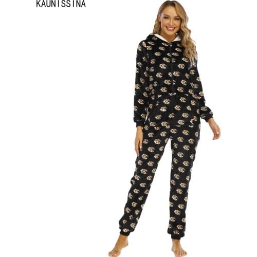 Women Winter Onsies Pajamas Flannel Jumpsuit Pajamas Long Sleeve Zipper Hooded Thick Warm Onesies Female Lounge Sleep Homewear