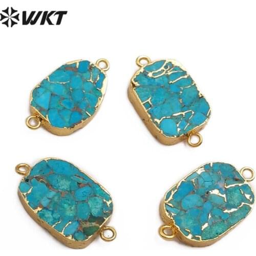 WT-C282 Natural Blue Vein Green Stone Pendant Double Hoops Natural Stone Connector Gold Pendant For Women Jewelry Making