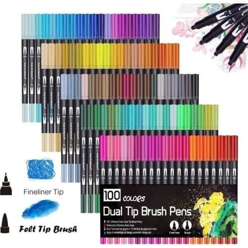 100PCS Colors Dual Tip Brush Pens Art Marker Fine Liner Brush Drawing Painting Watercolor Pens for Coloring Manga Calligraphy