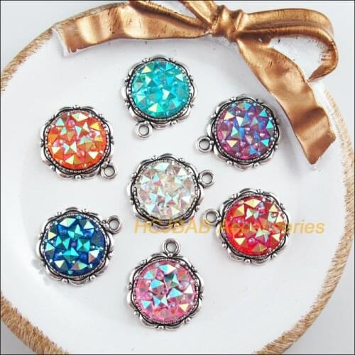 14Pcs Tibetan Silver Tone Retro Mixed Round Resin Charms Pendants 18.5x22mm