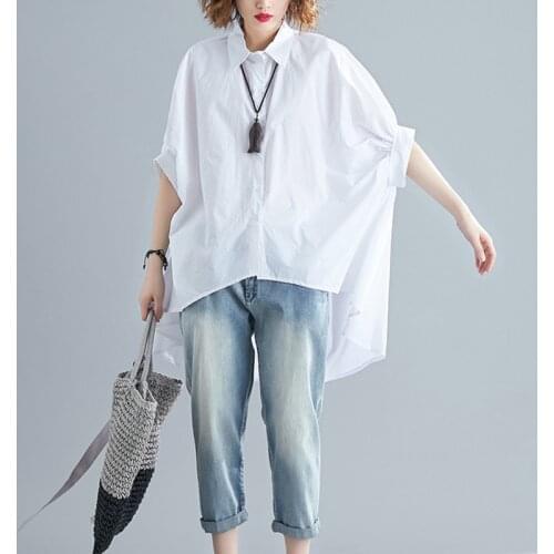 #2822 2021 Spring Long Asymmetrical Shirt Women Front Buttons Cotton Black White Shirts For Women Loose Lapel Collar