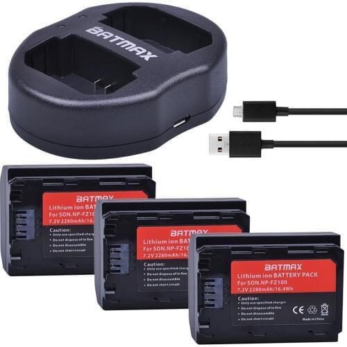 Batmax 3pcs NP-FZ100 NPFZ100 NP FZ100 Battery + Dual USB Charger for Sony Alpha9,Sony A9,Sony Alpha9R,Sony A9R Cameras