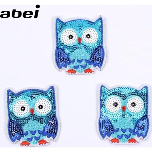 5pcs/lot Sequined Owl Patches Cartoon Animal Stickers Diy Clothing iron on sewing appliques handmade jeans sweaters motif badge