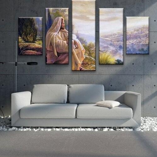 Modern Pictures Living Room HD Printed Canvas 5 Panels Jesus In Thought Modular Painting Home Decor Posters Wall Art Framework