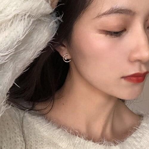 925 Silver Plated 14K Gold Drop Semicircle Shiny Zircon Moon Elegant Wedding Fashion Ear Stud Earrings Jewelry for Women Gift